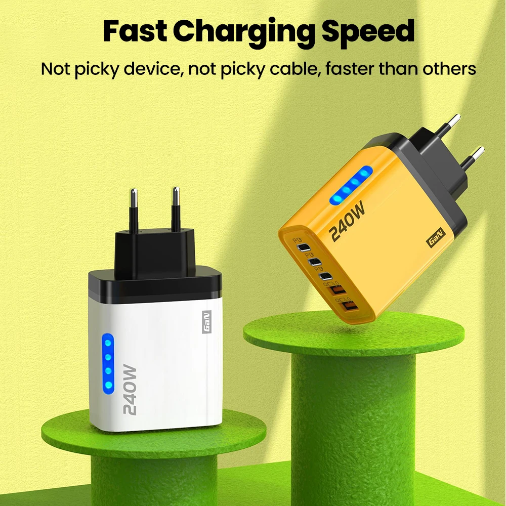 240 واط 5 منافذ 2USB + 3 نوع C شحن سريع LED شاحن الهاتف المحمول لشاومي هواوي آيفون سامسونج USB C الولايات المتحدة/الاتحاد الأوروبي مهايئ شاحن