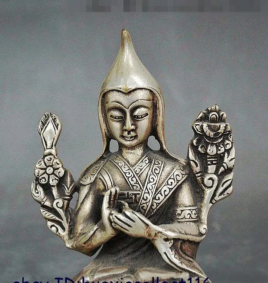 Tibetan Buddhism Temple Fane Silver Evil Guard Je Tsongkhapa Buddha Statue