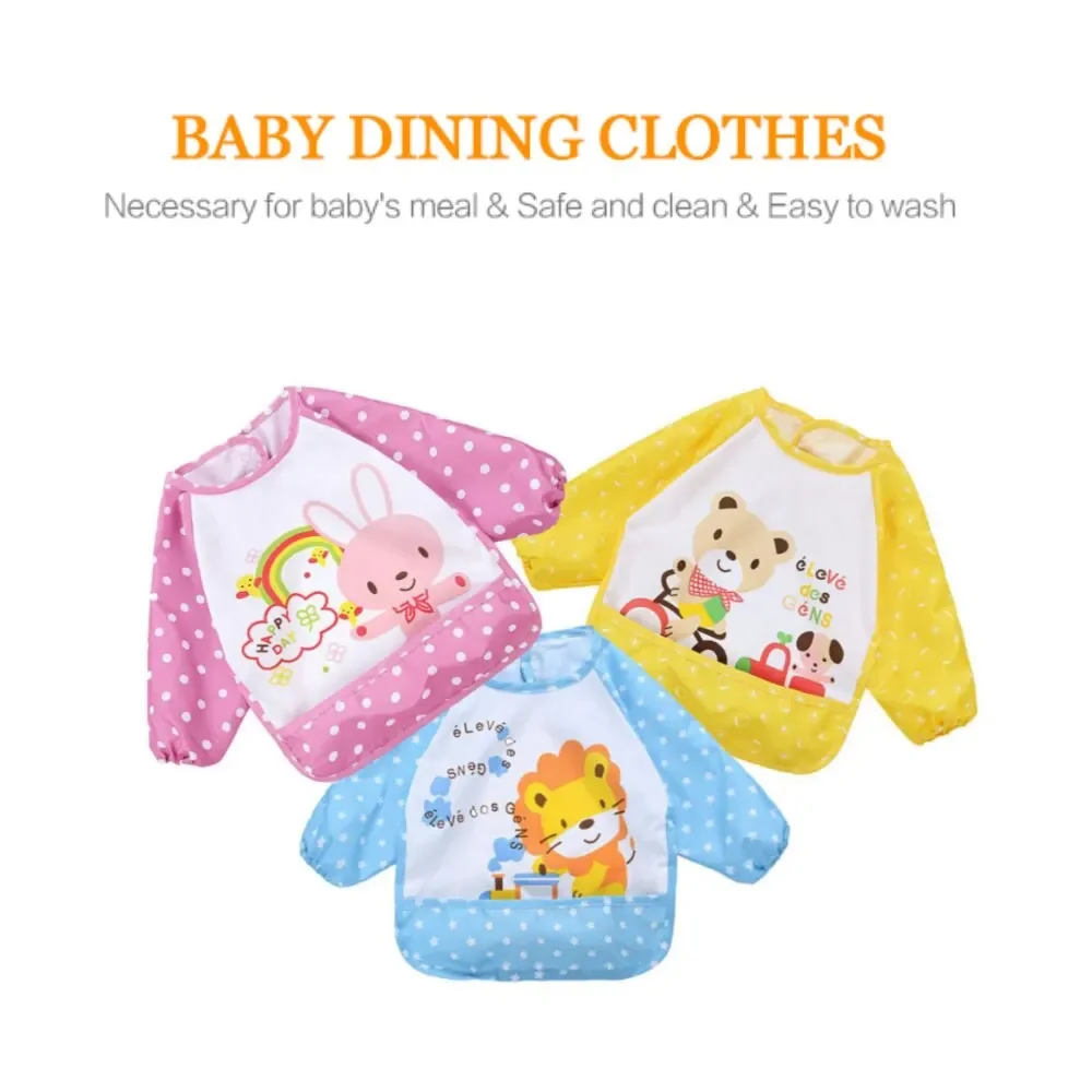 Waterproof Polyester Baby Bib, Long Sleeve, Cartoon Bib, Washable Full Cover, Bib Over Clothes