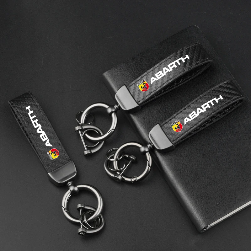 Leather Carbon Fiber Car Ring Keychain Trinket Zinc Alloy Keyrings Rotate 360 Degrees For Fiat Abarth 124 spider 500 595 695 C