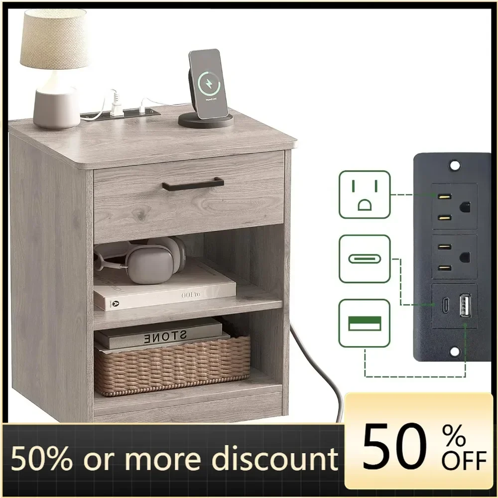 Grey wooden bedside table with drawers, daily side table with fast charging station - USB C cable for fast charging