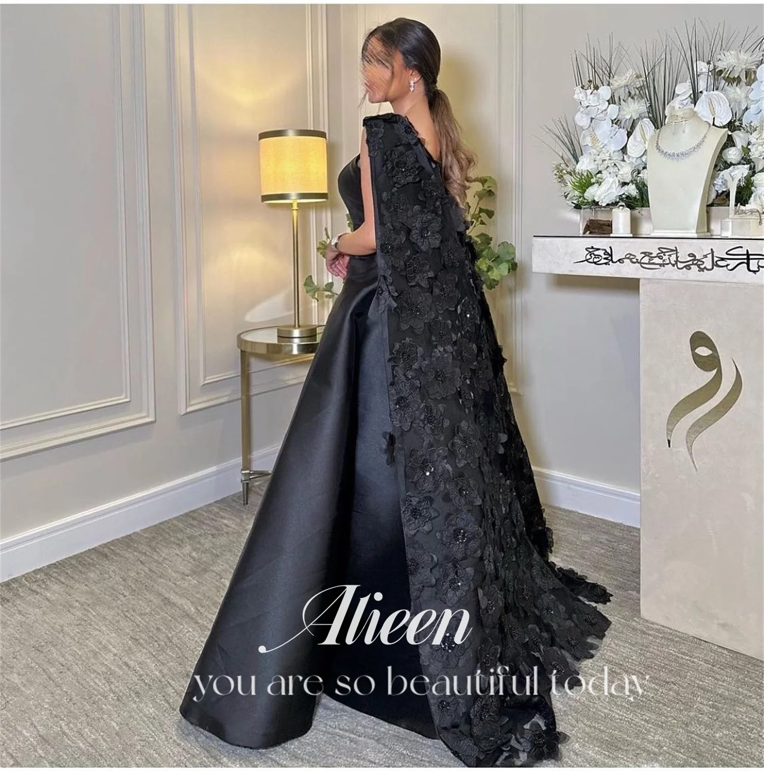 Aileen 3D Flowers Satin Luxurious Black Long Shawl Wedding Dress Es Happy Sharon Evening Dresses for Formal Occasions Prom Gown