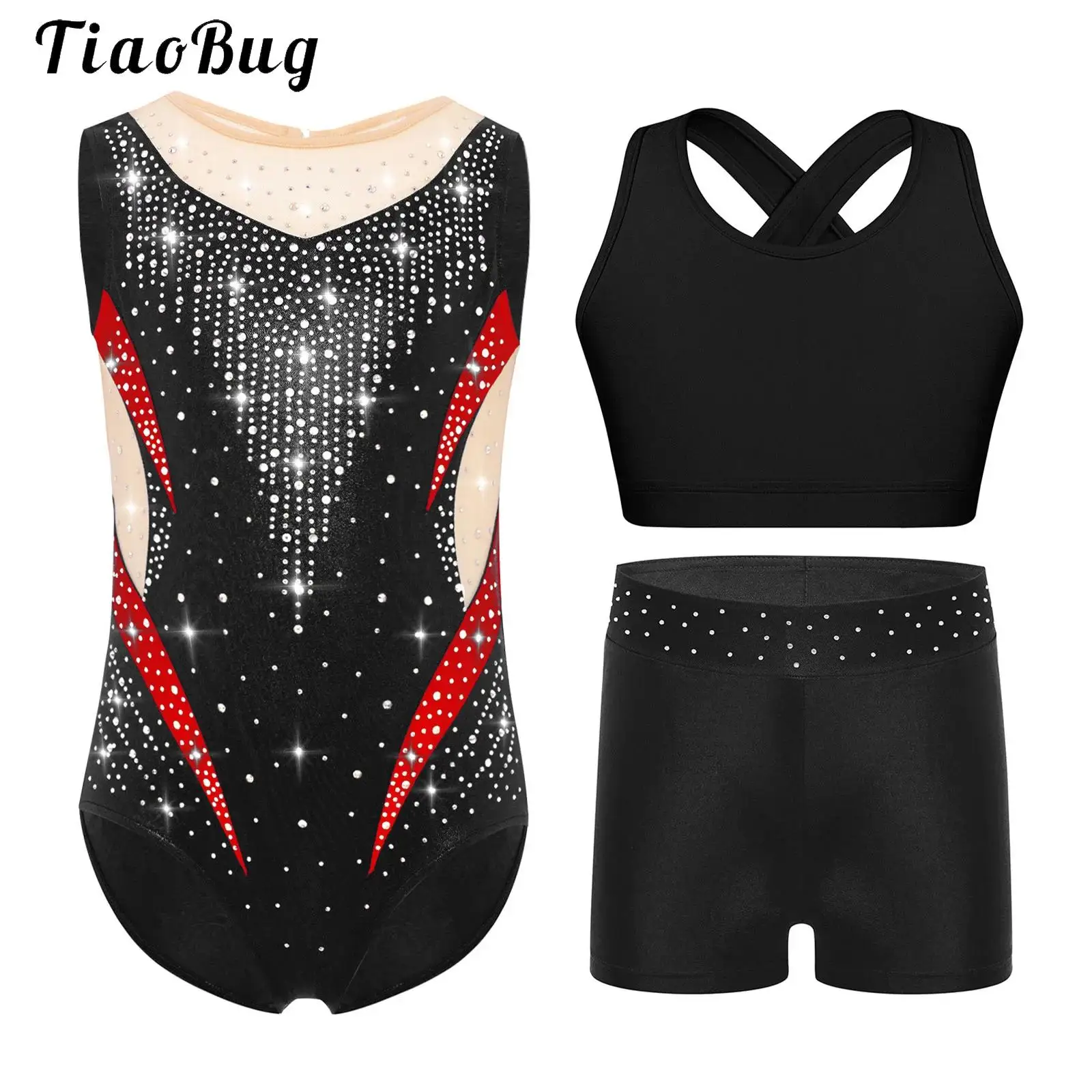 

Gymnastics Leotards for Girls Sleeveless Kids Unitards Biketards with Shorts Crop Top Set Rhinestones Athletic Dance Outfits