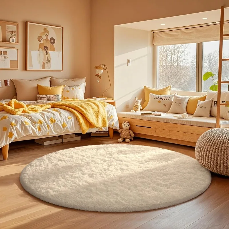 Round Cream White Rug Soft Fluffy Circle Carpet Plush Shaggy Area Rug for Bedroom Living Room Kids Room Nursery Home Decoration