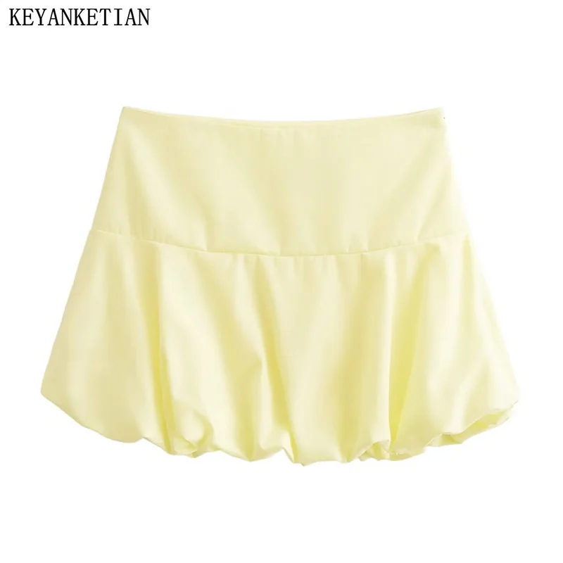 

KEYANKETIAN 2024 New Launch Y2K Women's Yellow puffy skirt Summer Sweet Side Zipper High waist Patchwork Slim A-line Mini Skirt