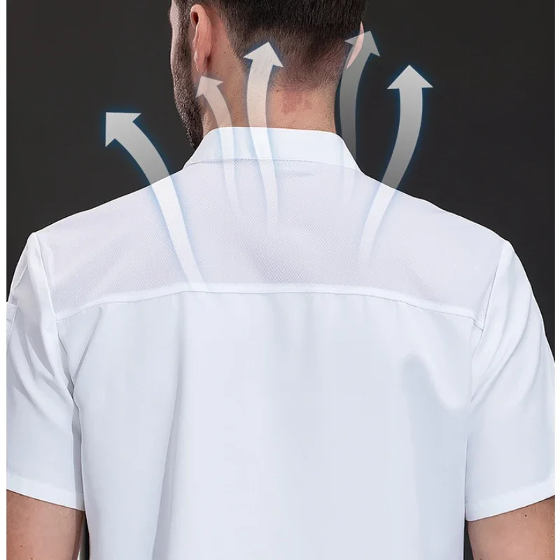 ผู้ชายแขนสั้นชุดเชฟสีขาวBreathable Chefเสื้อร้านอาหารห้องครัวสีดําChef Jacketผ้ากันเปื้อนWorkเสื้อผ้าผู้หญิงโลโก้