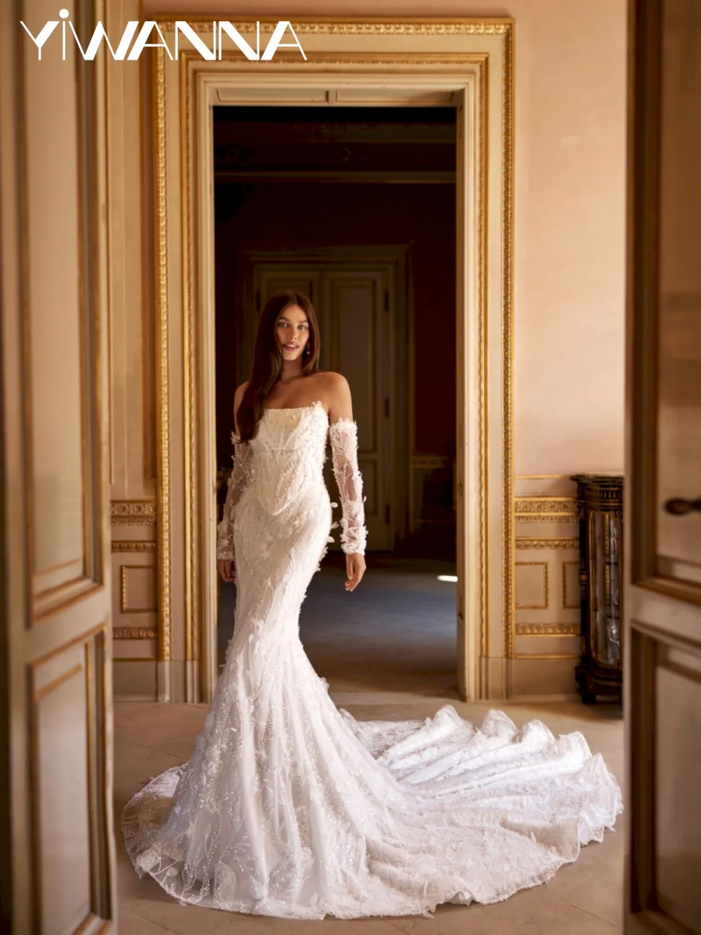 Dazzling Luxury Beaded Wedding Dress Detachable Sleeve 3D Floral Bridal Gown Customized Dreamy Mermaid Long Dresses For Bride
