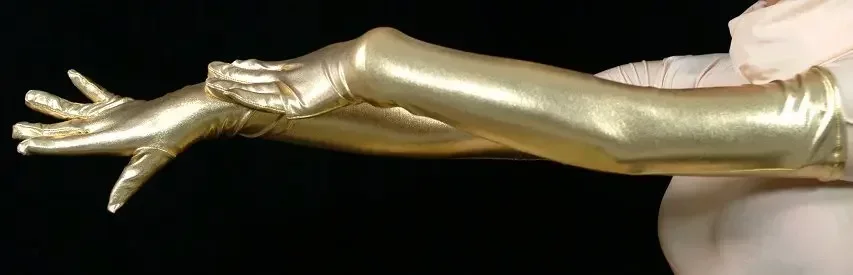 

Woman yellow shiny metallic sexy gloves fetish unisex zentai suit classic halloween costumes