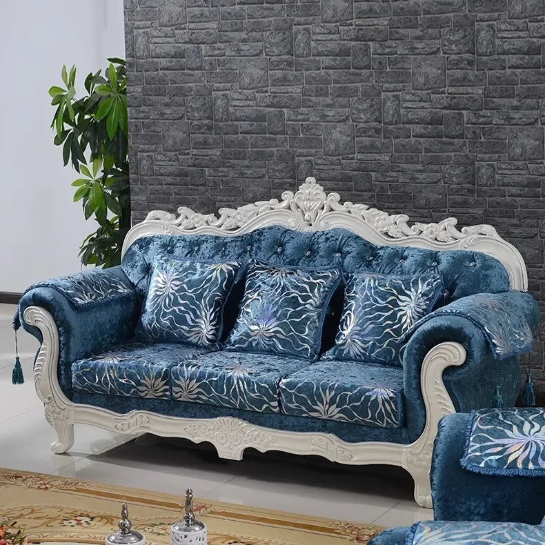 European blue flannel fabric sofa 123 combination light luxury simple European small apartment solid wood carving three-person s