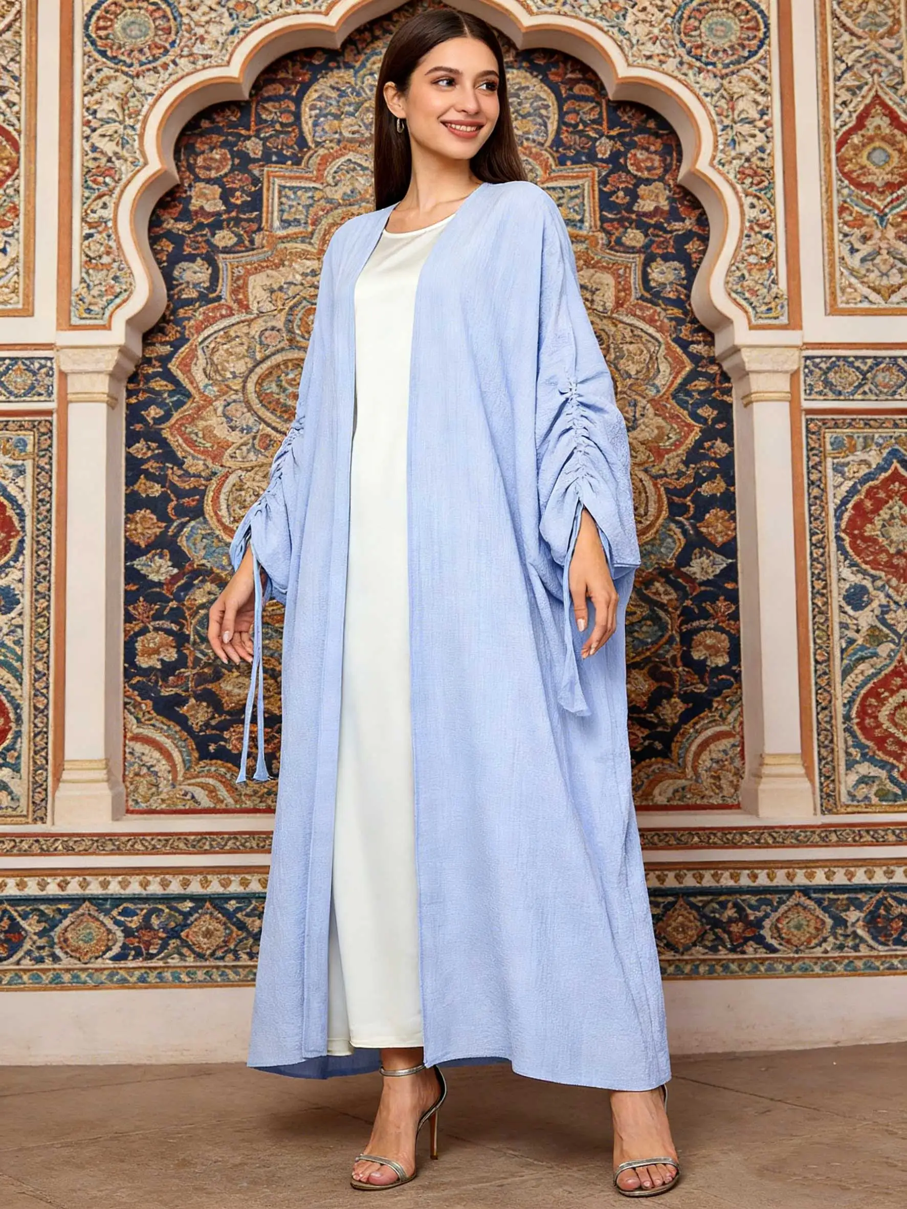 Stylish Light Blue Open-Front Abaya Ruched Drawstring Sleeves Women Muslim Moroccan Kaftan Ramadan Jalabiya Islam Dubai Arabic