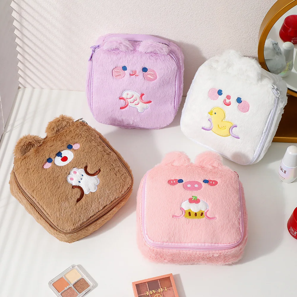 Winter Cartoon Plush Square Makeup Bag for Girls Large Capacity Portable Cosmetic Storage Rabbit Ear Wash Bag Pencil Case