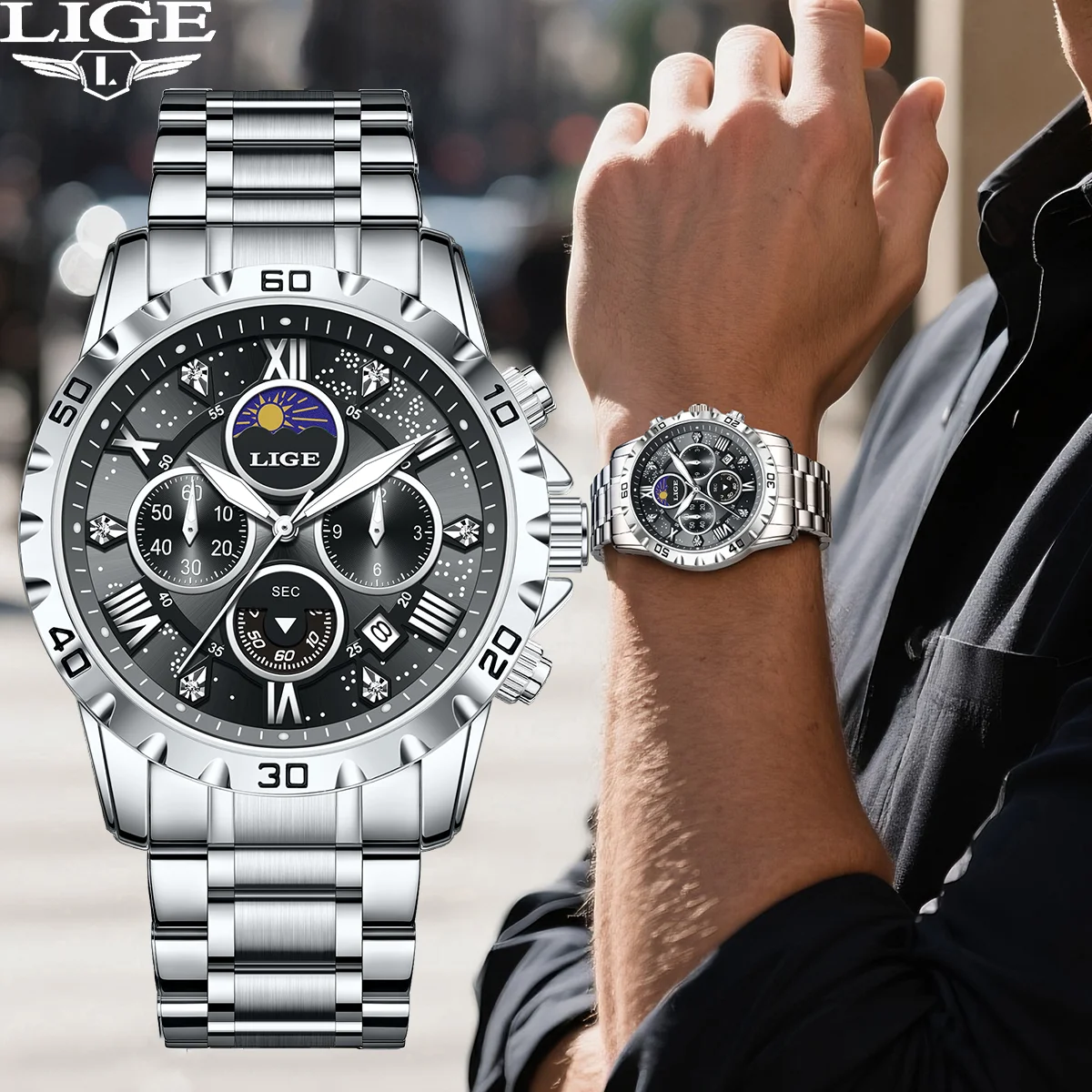 

LIGE Топ Роскошные мужские часы Водонепроницаемые светящиеся кварцевые мужские наручные часы из нержавеющей стали с хронографом Военные часы для мужчин Reloj