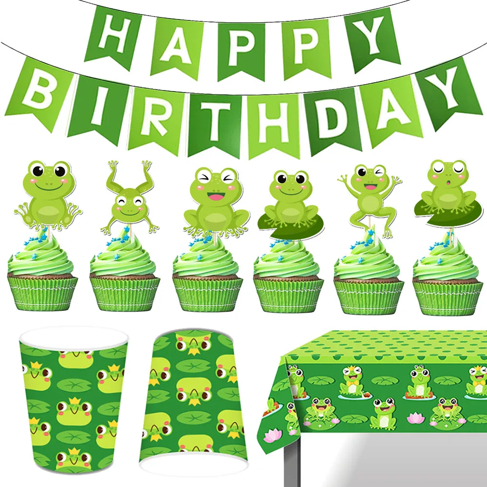 

Frog Cupcake Toppers Frog Party Supplies Tableware Cups Plate Tablecloth Baby Shower Kids Happy Birthday Dinnerware Decorations