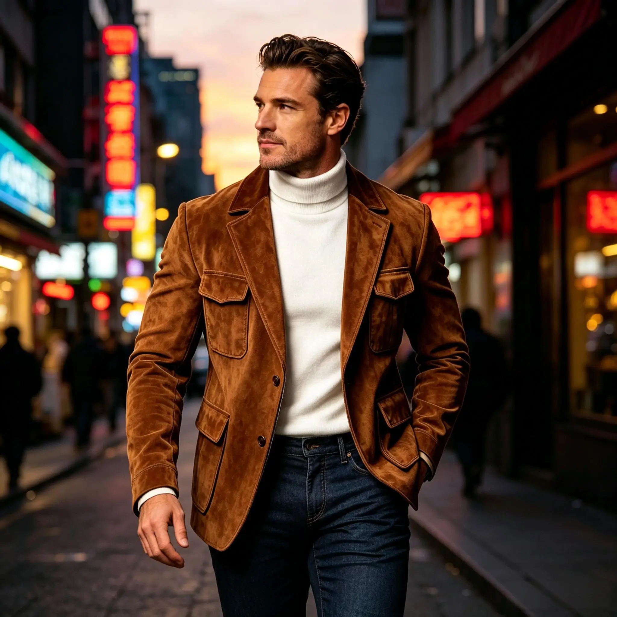 Men's Suede Safari Blazer Slim Fit Notch Lapel Multi-Pocket Hunting Jacket Autumn Winter Casual Business Sport Coat