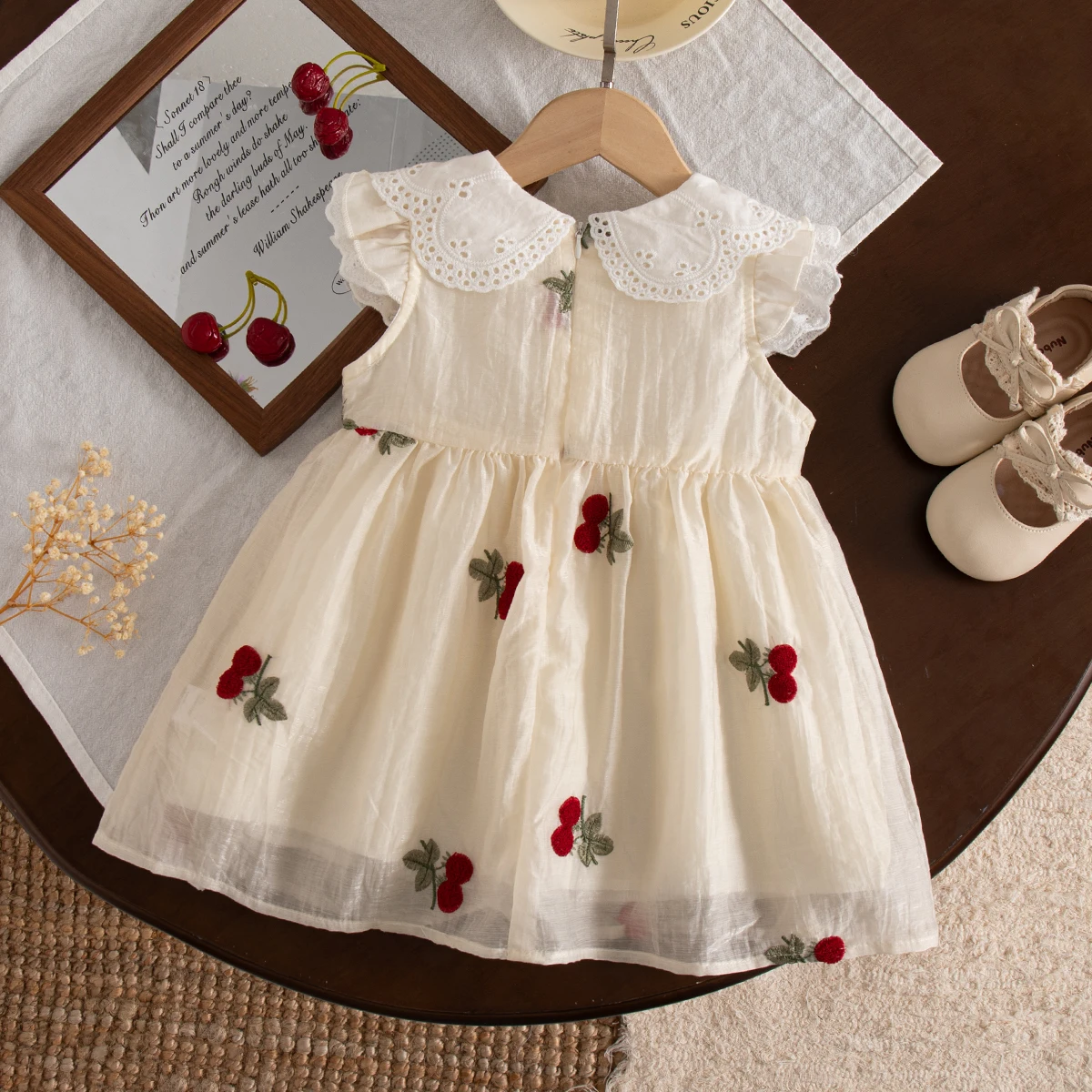 Girls Dresses Summer Cherry Pattern Doll Neck Mesh Puffy Girl Kid's Dress Cute Gentle Baby Girl Princess Dresses