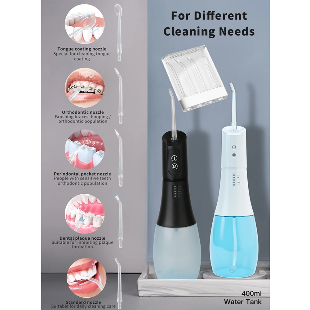 

Electric Tooth Cleaner Portable Oral Irrigator USB Rechargeable 400ML Water Tank Flosser 5 Modes Dental Water Jet Teeth Cleaner