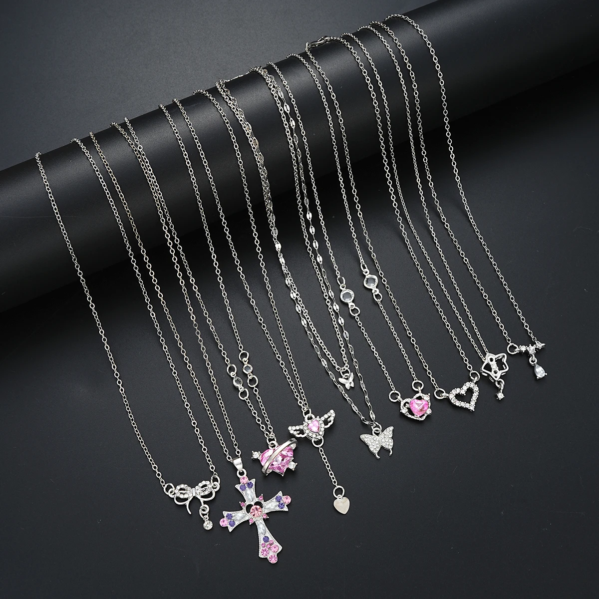 

9 Pcs Women's Elegant Zircon Pendants Necklace Set Fashion Pink Color Cross Butterfly Heart Bowknot Necklaces Party Jewelry Gift