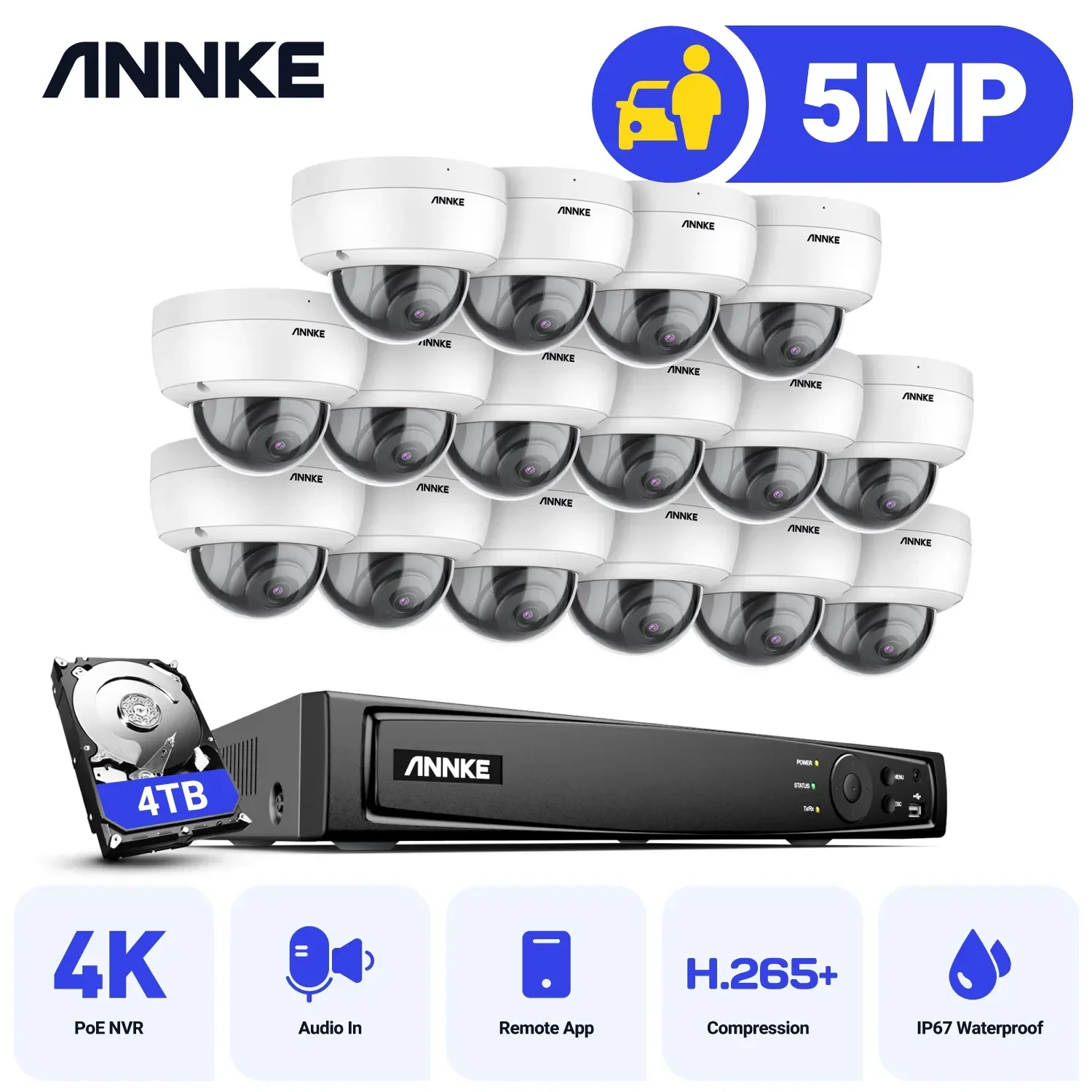 ANNKE H500 16CH 6MP NVR PoE IP Camera Security System 16pcs 5MP  IP67 Waterproof Outdoor Night Vision CCTV Surveillance Kit