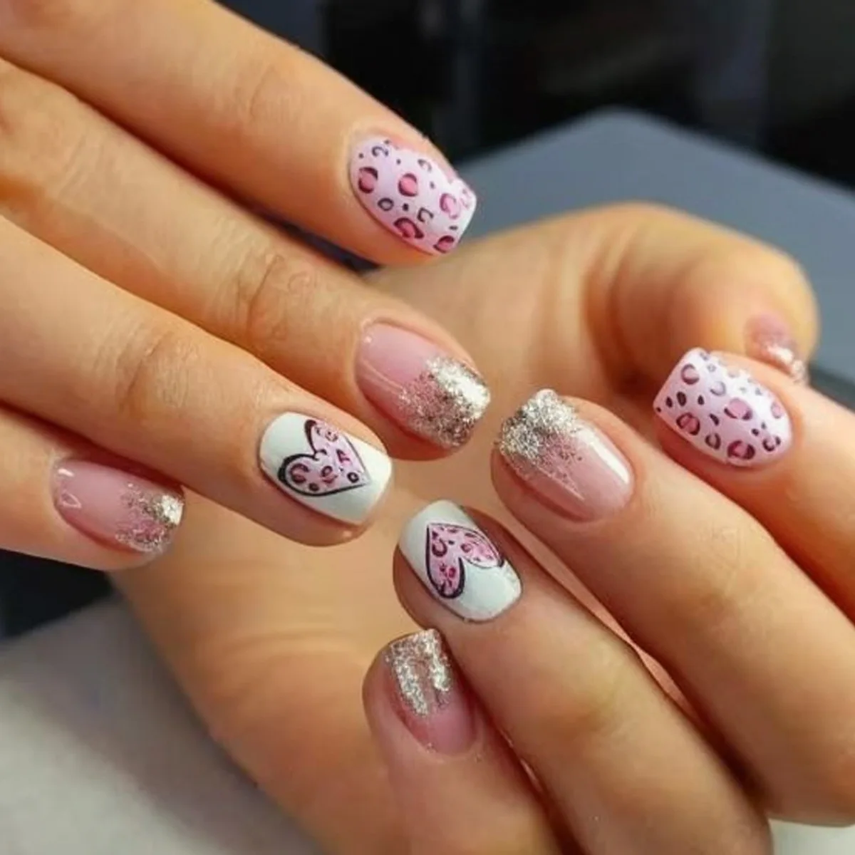 24-delige korte vierkante nagels set druk op roze luipaardprint hart kunstnagels gouden glanzende poedergradiënt draagbare nepnagels tips