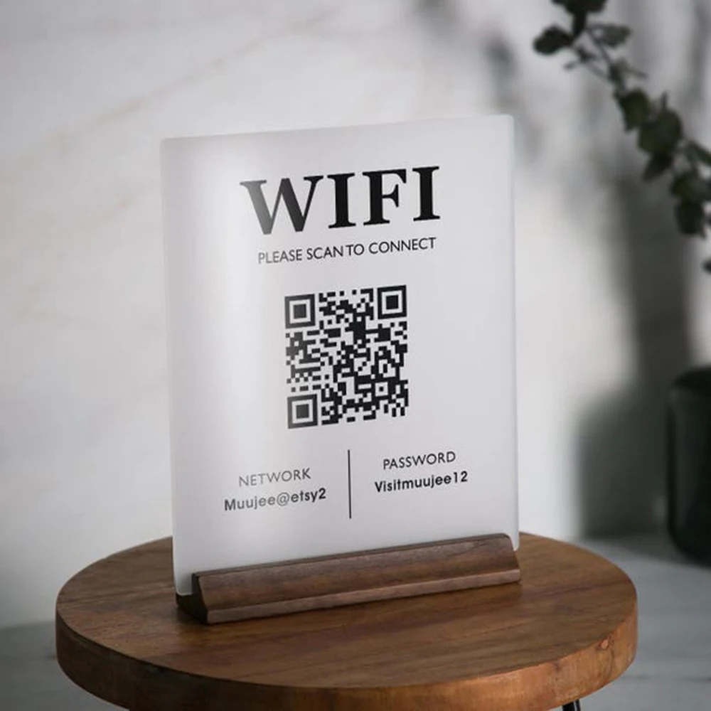 Hot Sale WiFi QR Code Acrylic Sign with Wood Base Tabletop Display for Home Airbnb Rental Small Business Office Salon Spa Modern