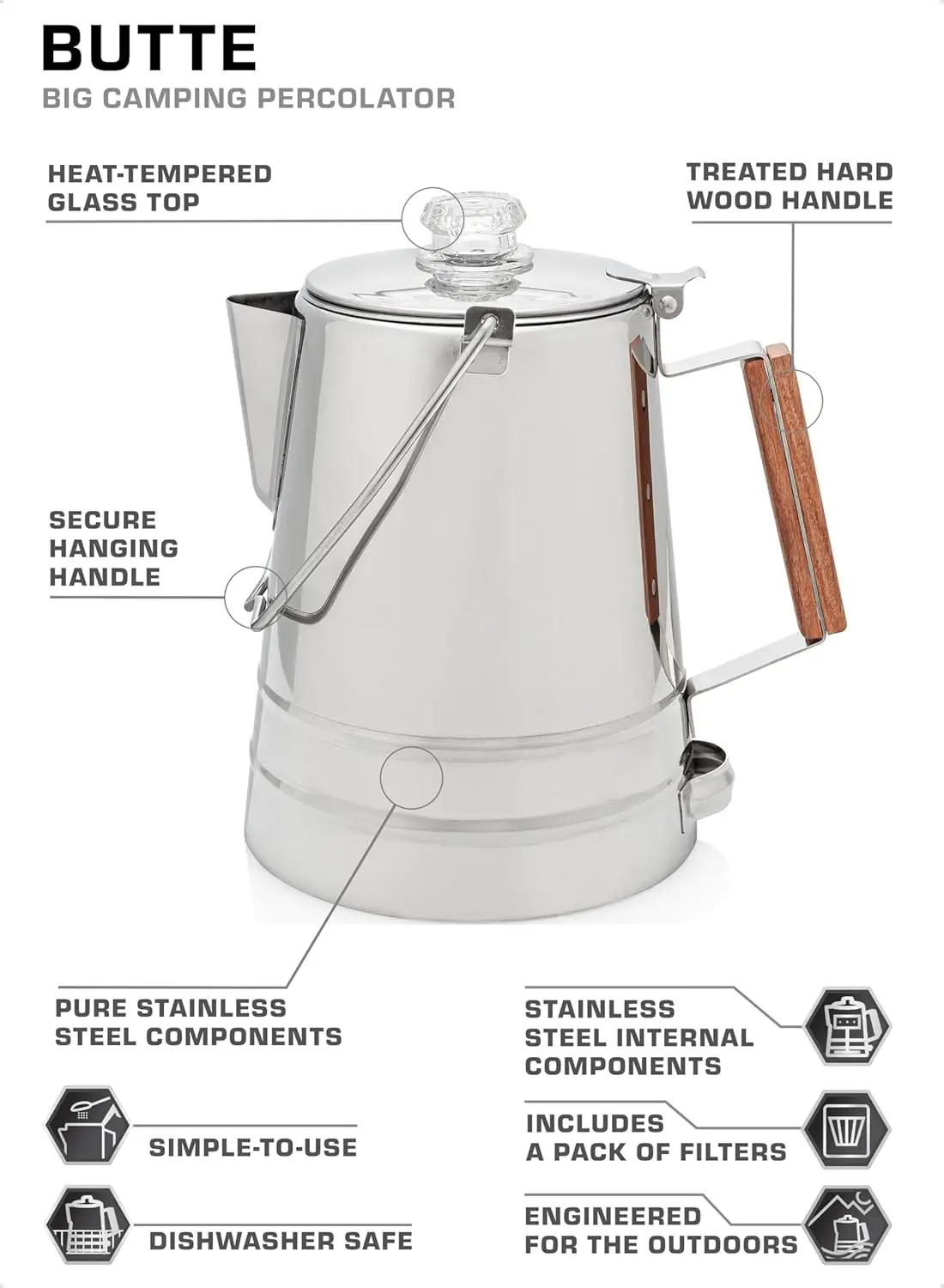 Butte Percolator Coffee Pot — Large Coffee Pot, NO Aluminum or Plastic [14 Cup]