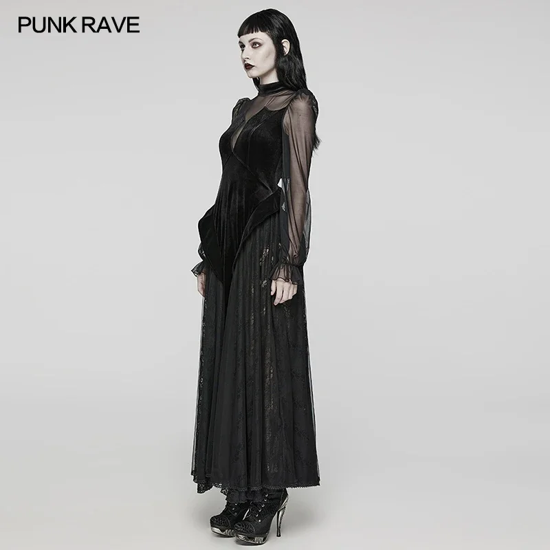 PUNK RAVE Women's Gothic Elastic Velvet & Mesh Lace Long Dress Party Club Oversized Wavy Hem Black Women Dresses