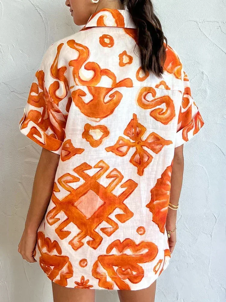 New 2024 Summer Fashion Trend Design Print Shorts Lapel Baggy Blouse Casual Suit Two Piece Sets Womens Outifits  Shorts