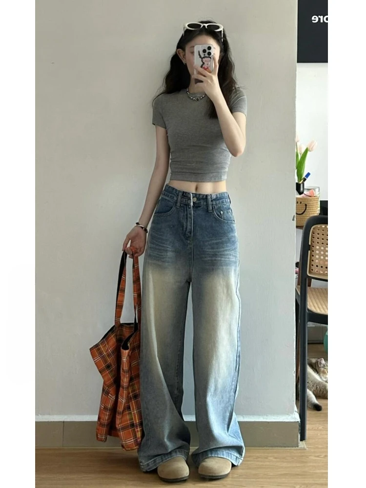 

High Waist Straight Leg Jeans Women's Worn White Narrow Version Wide Leg Pants American Sle Hole Design Long Size 75