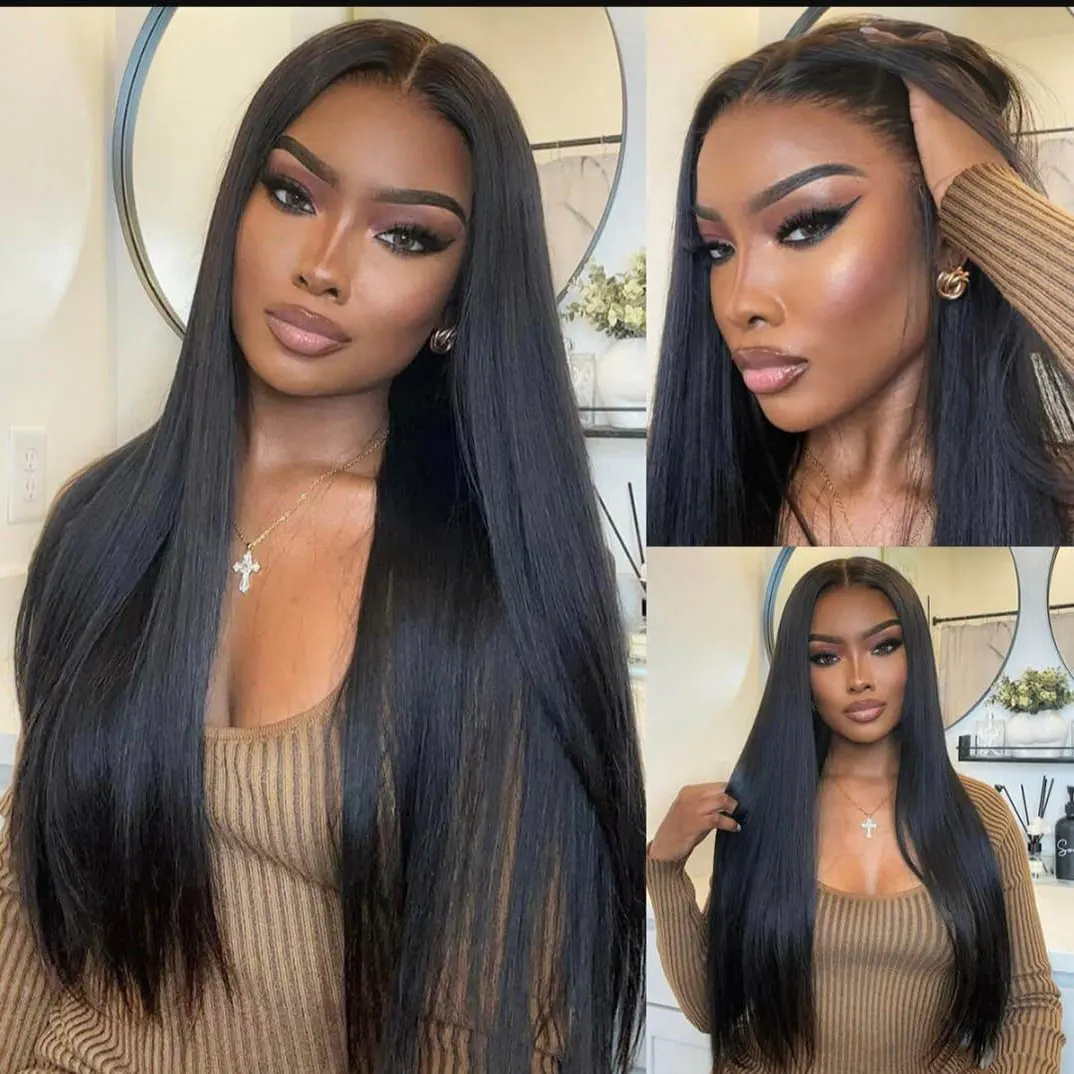 Straight Human Hair Bundles With Closure Brazilian Human Hair 3 Bundles With Frontal 360 Transparent Lace Natural Black Color