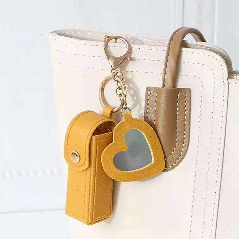 Lipstick Bag Heart Mirror Custom Logo Portable Leather Keychain for Women Key Chain Ring Personalize Name Keyring
