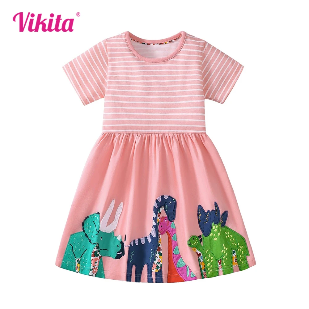 

VIKITA 2025 New Kids Summer Short Sleeve Frocks Kids Dinosaur Cartoon Appliqued Cotton Casual Daily Striped Straight Dresses