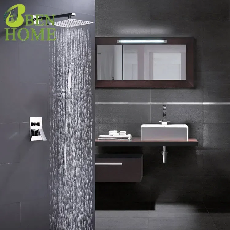 304 Stainless Steel High Flow Square Concealed Portable Shower Brushed With Rainfall Shower Set