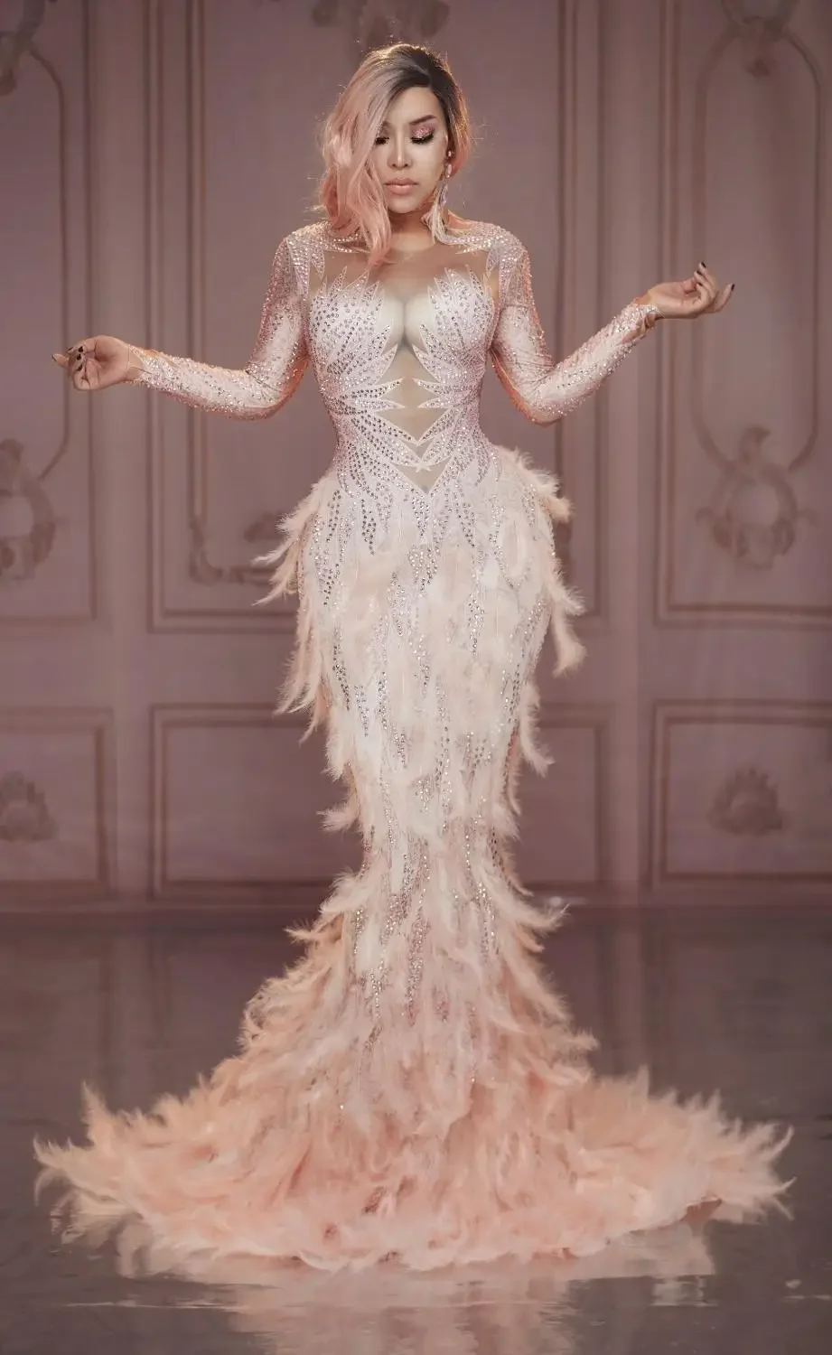 Robe de Sirène Longue avec Plumes et Strass Roses pour Femme, Tenue de Spectacle, Chanteur, ixd'Anniversaire