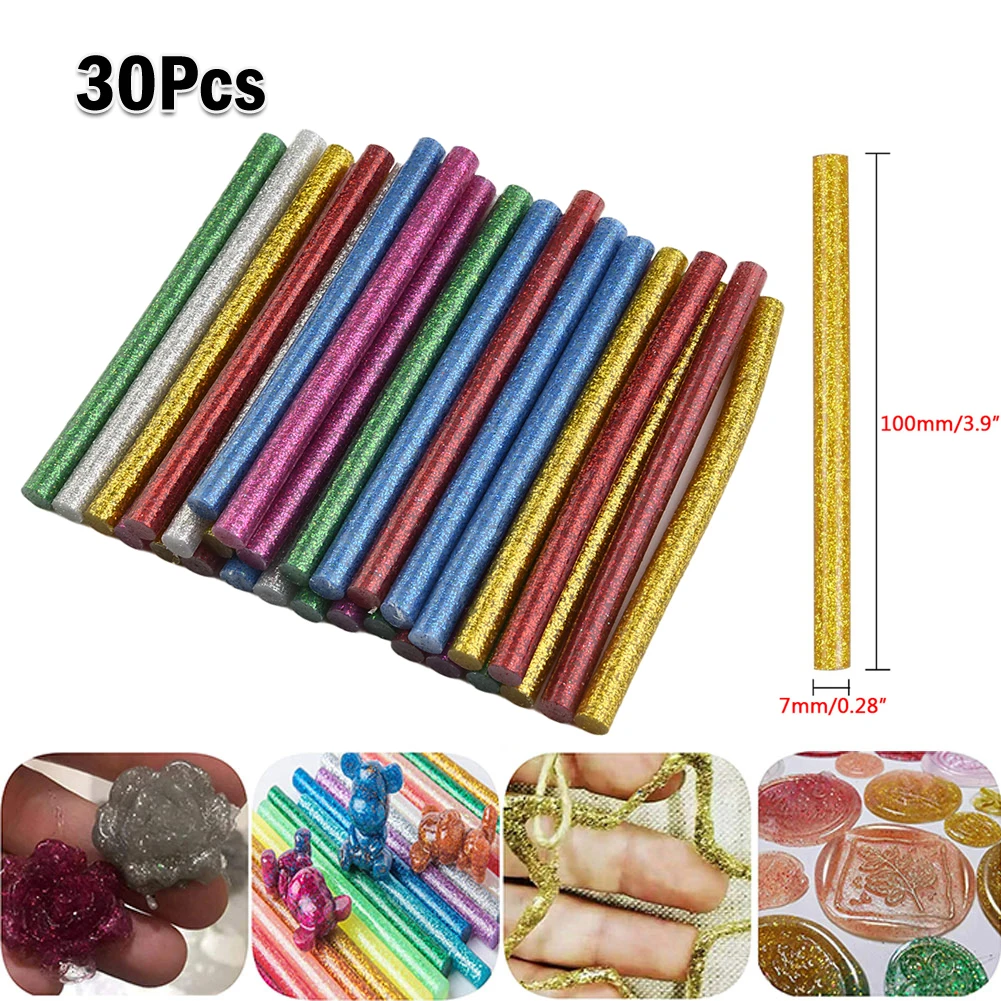 30Pcs Hot Melt Glue Stick & Fine Flash 7×100mm Greeting Cards/Holiday Gifts/Packaging Box Hand DIY Stick Color Hot Melt Stick