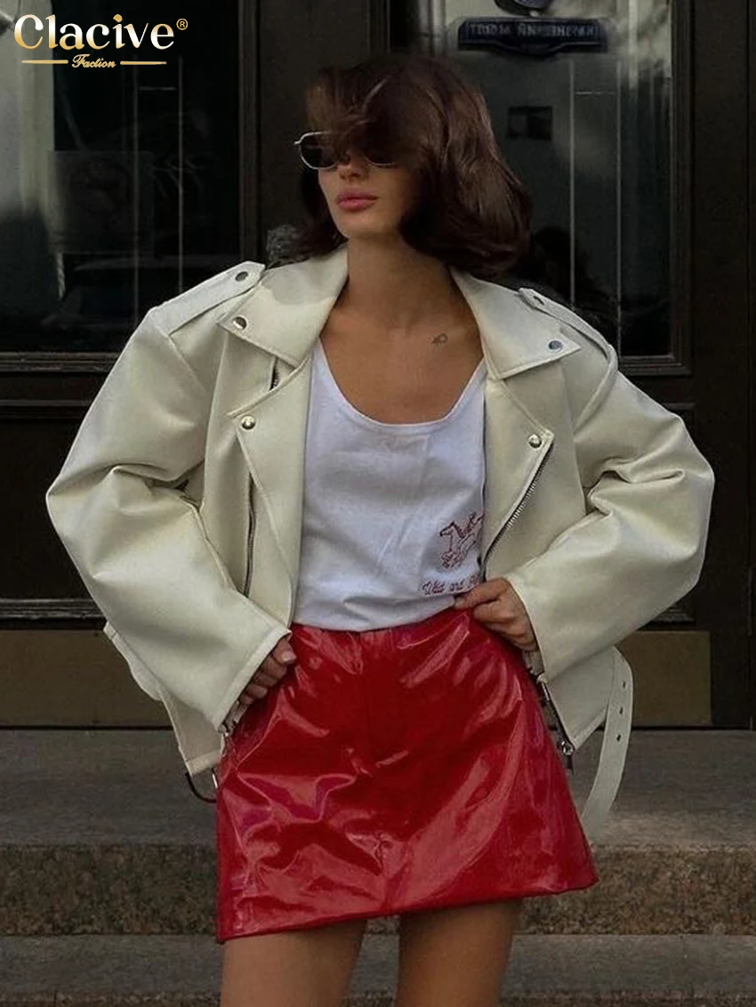 Clacive Fashion Loose Red Pu Leather Women's Skirt 2025 Elegant High Waist Mini Skirts Streetwear Classic Skirt Female Clothing