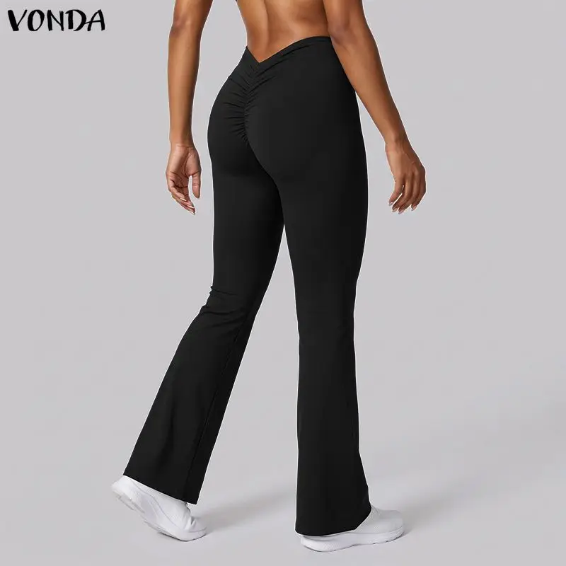 VONDA Fashion Women Leggings Solid Color High Waisted Flare Pants Streetwear Long Trousers Oversize Bottom
