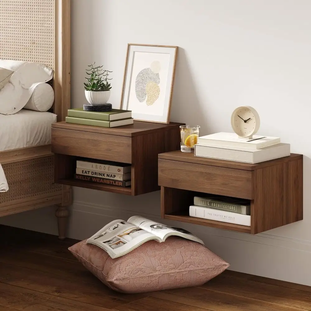 

Wall-Mounted Floating Nightstand with Storage Drawers and Shelf Set, 2-Piece, Brown Walnut