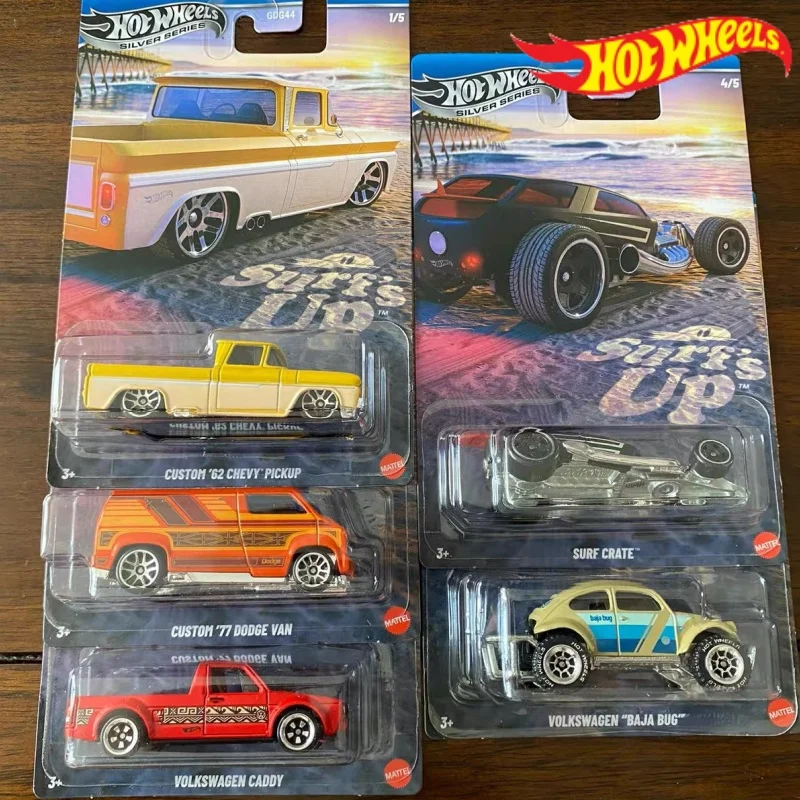 

Коллекционные модели автомобилей Hot Wheels: Gdg44 Beach Surfing, 77 Dodge Van, 62 Chevy Pickup, Surf Crate, масштаб 1:64, литые под давлением, игрушки, подарок