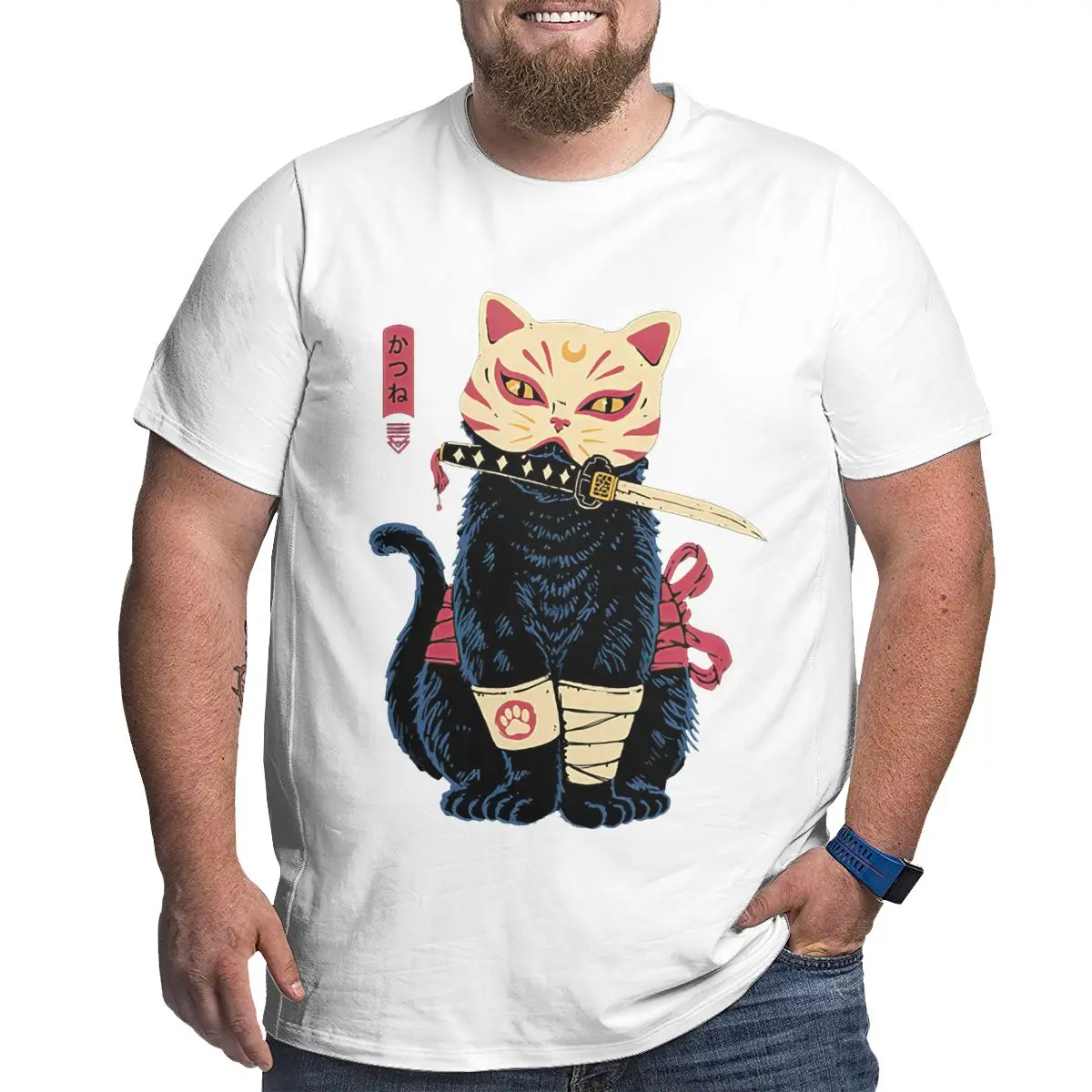 

Мужские футболки большого размера Samurai Cat, хлопковая футболка с круглым вырезом, большие и высокие футболки с короткими рукавами, уличная одежда