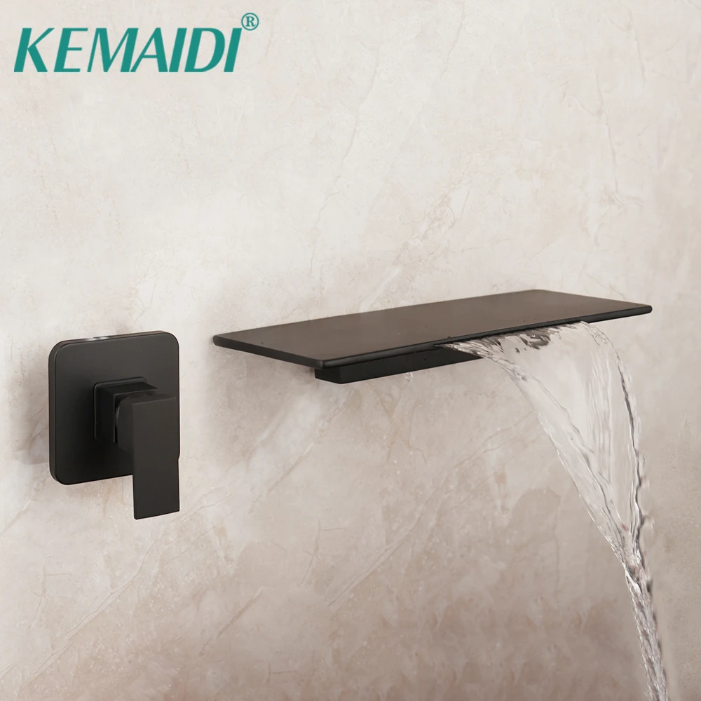 

KEMAIDI Bathroom Basin Sink Solid Brass Mixer Tap Black Bathtub Faucet Waterfall Spout Wall Mounted Bath Washbasin Faucets