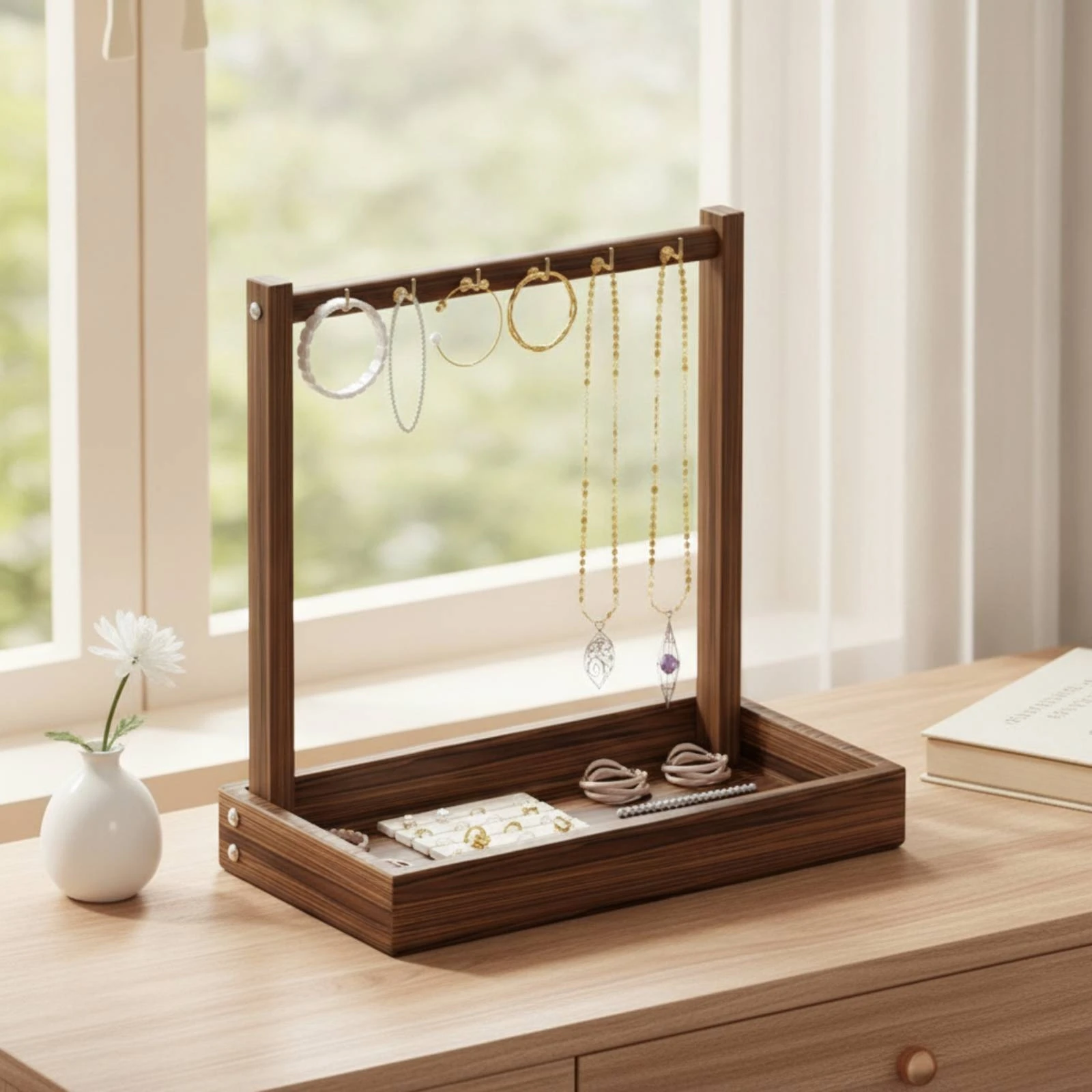 Jewelry Stand with Ring Holder Tray Desktop Jewelry Organizer with Hooks Necklace Holder with Tray Vertical Rectangular