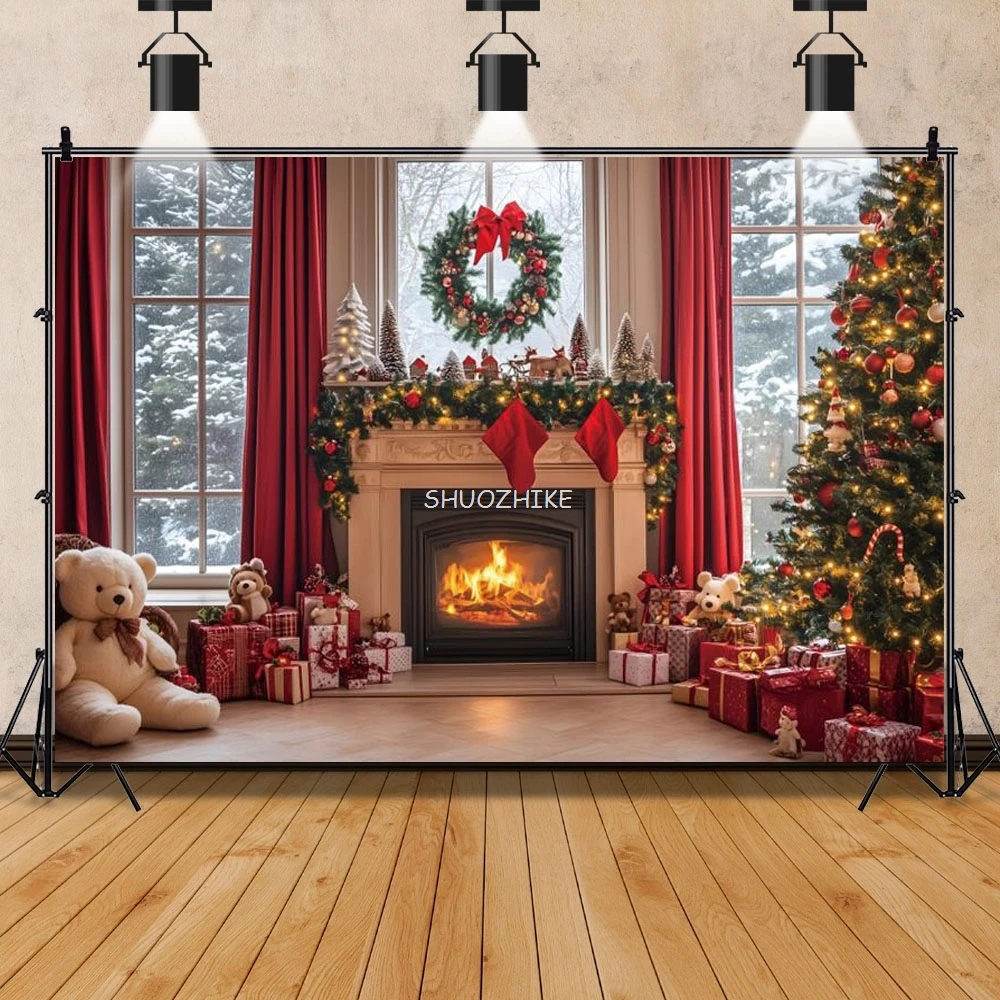 عيد ميلاد سعيد التصوير خلفية شجرة عيد الميلاد الموقد سانتا هدية جورب الأسرة الطفل صورة خلفية ديكور استوديو الصور