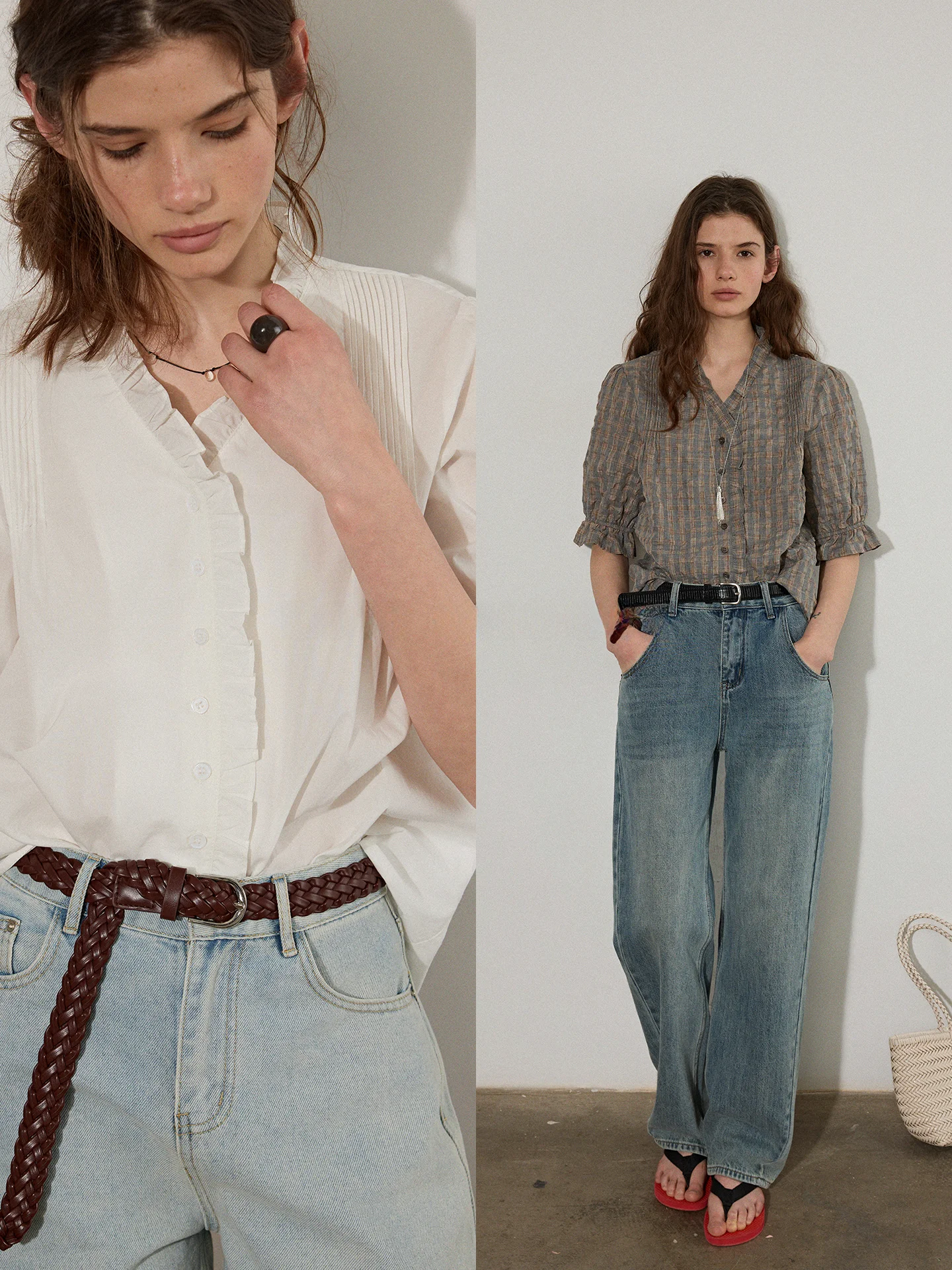 

Lofi Choose 7 Number 10 Dot Pleated Texture! Lace Trim Plaid Single Button Short Sleeve Shirt Women's Business Casual Loose Fit