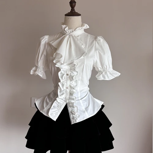 Camisas con mangas abullonadas de Lolita gótica victoriana japonesa Y2k, blusa ajustada con lazo y volantes estéticos, Tops Vintage elegantes para mujer JK
