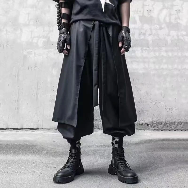 Summer Functional Ankle Pants Men Dark Style Fake Two Piece Patchwork Design Elastic Waist Trousers  New Male