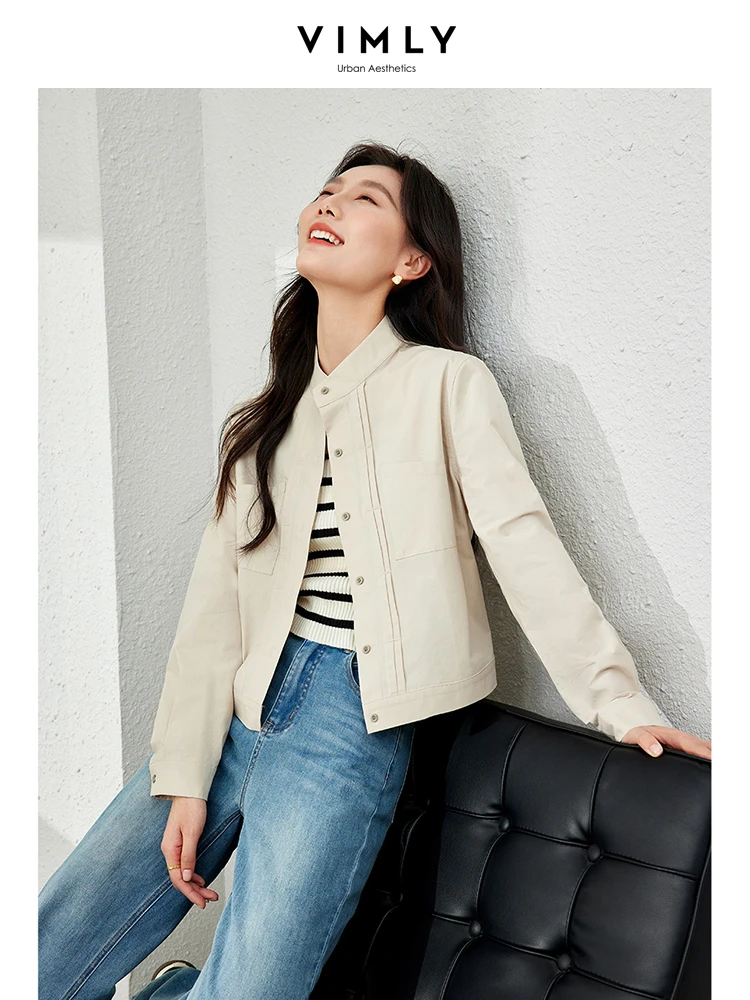 VIMLY Light Khaki Cotton 100% Cropped Women Jacket 2026 Spring Stand Collar Single Breasted Thin Casual Coat Woman Clothes M5620