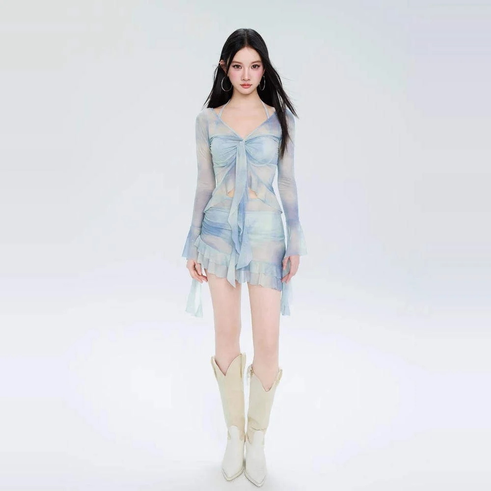 프린세스 스타일 비키니 수영복 여성용 긴팔 보온 스파 수트 아름다운 4종 세트 섹시한 온천용 커버업