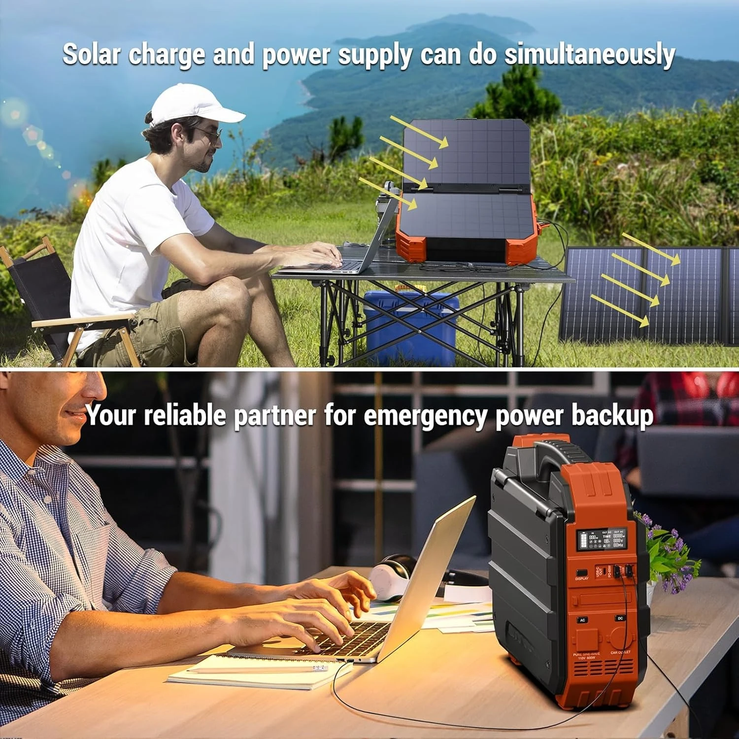 Portable Power Station 1000W with Built-in Solar Panel, 614WH/192000mAh LiFePO4 Battery Pack, Solar Generator
