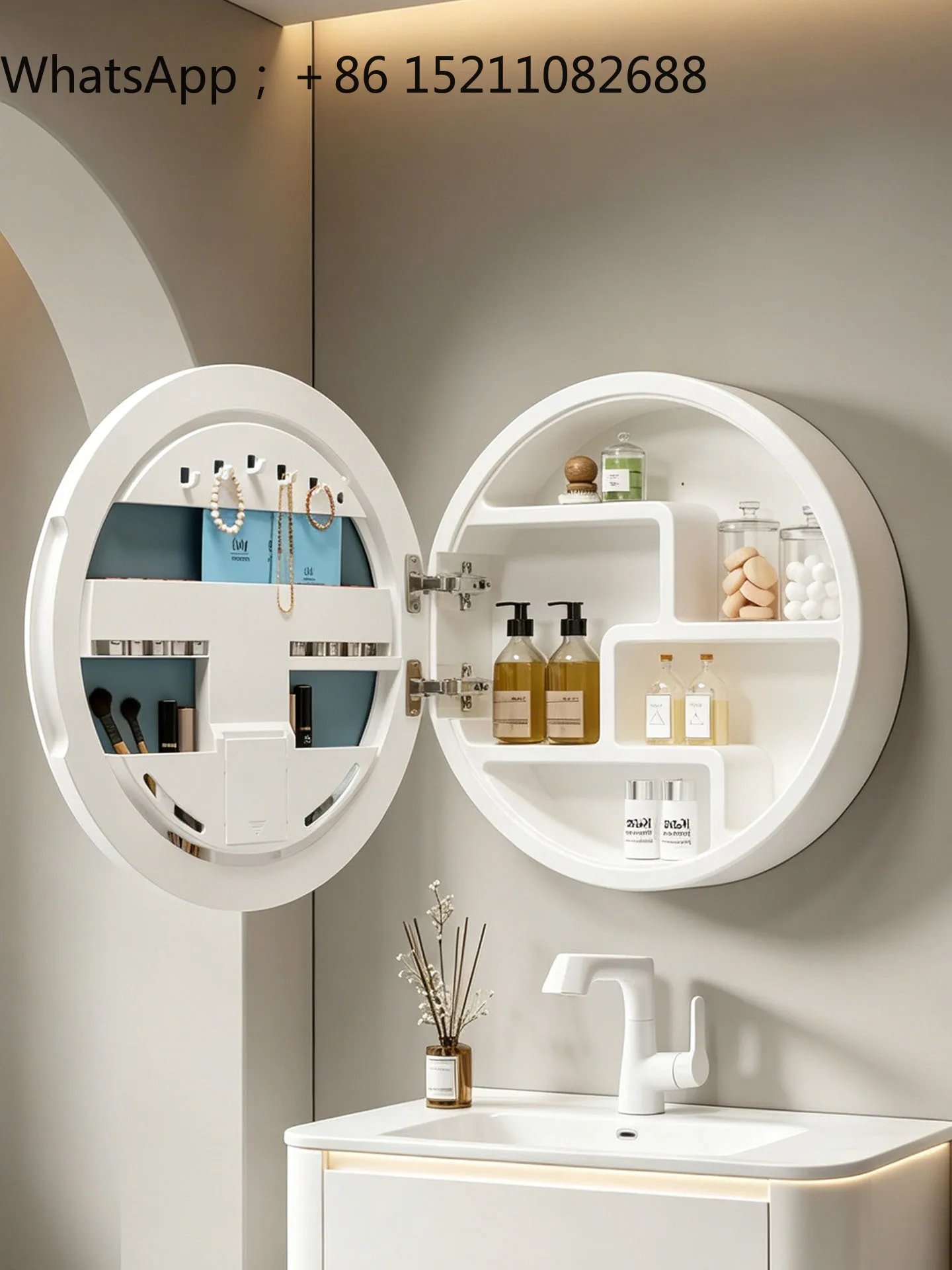 SCY small apartment waterproof positive round bathroom mirror cabinet bathroom intelligent defogging storage single mirror