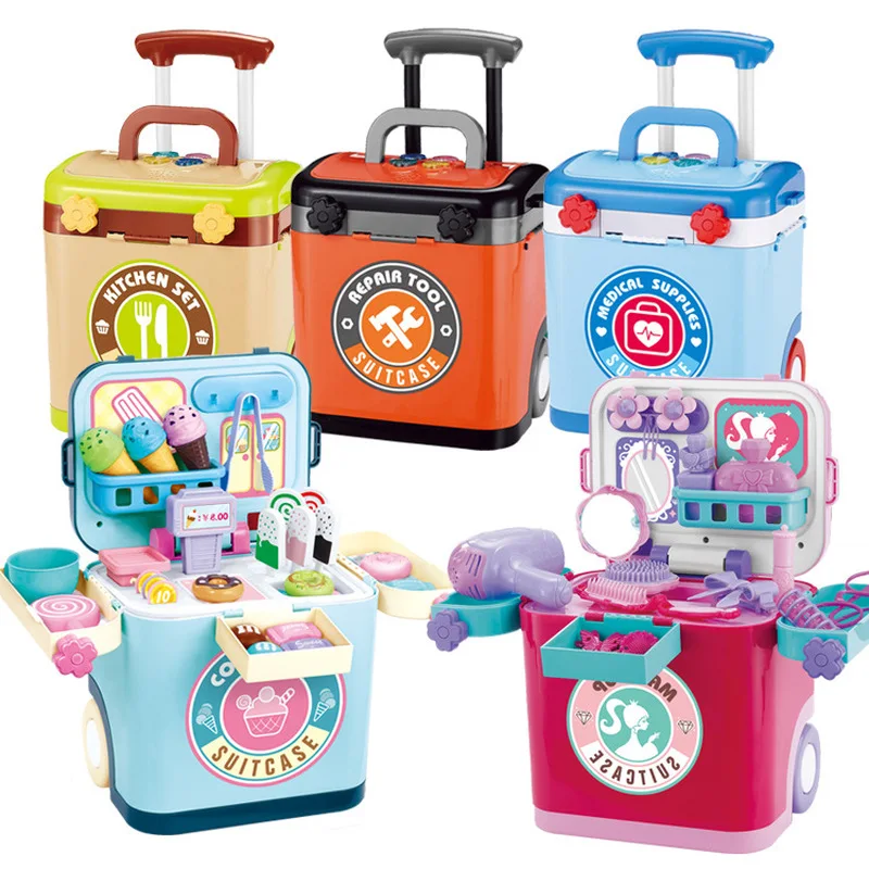 

Children's Sound-light Kitchen Tableware Barbecue Dessert Set Makeup Tools Family Trolley Case Doctor Little Girl Makeup Ice Cre